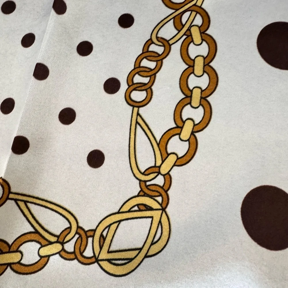 Satin White, Brown and Gold Polka Dot, Stripe and Chain Link Scarf 35x35 NEW